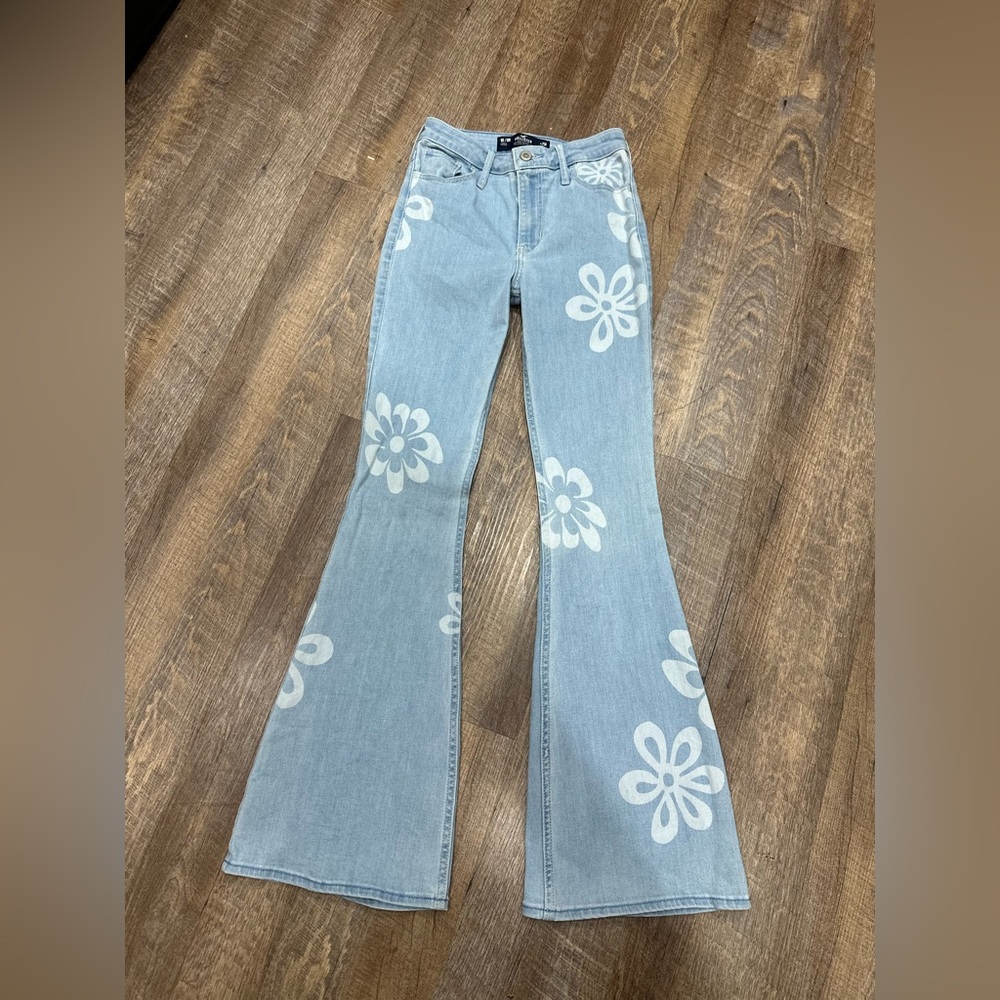 Hollister Blue and White Flare Jeans with Floral Design